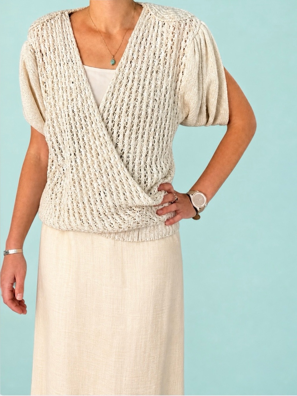 Rare 80s Cream Silk Blend Crochet Wrap Top •  Rhinestoned Shoulder• Soft Glam